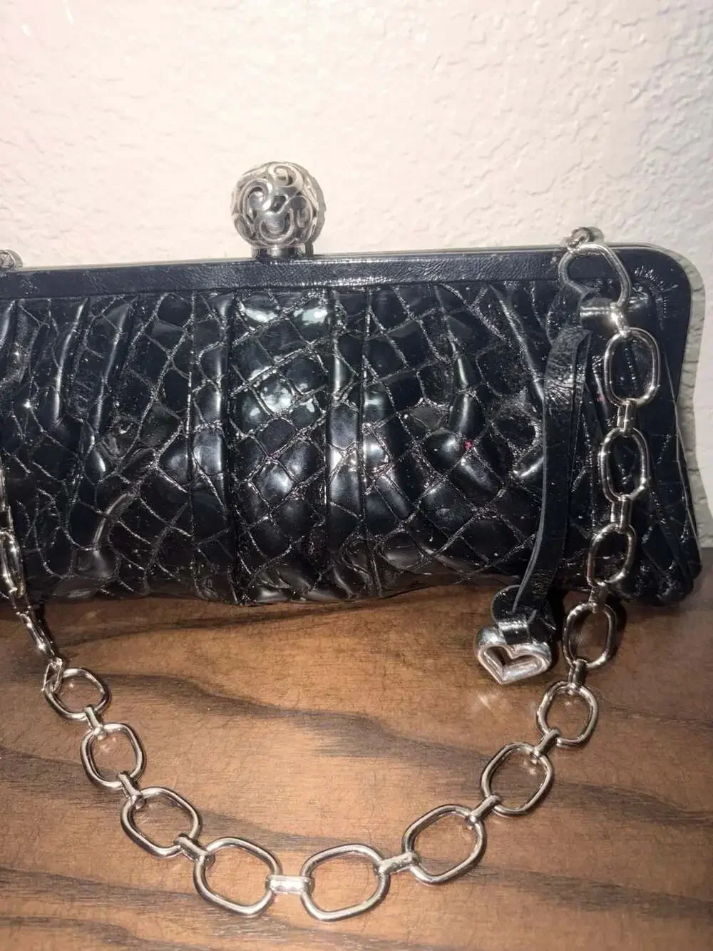 Brighton Black Patent Croc-Embossed Frame Clutch with Chain Strap